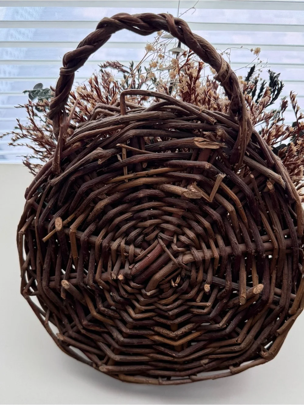Source Unknown Dried Wildflower Basket with Pink Ribbon Accent